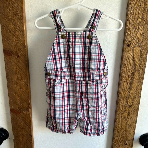 Y2K Gymboree Baby Boy Plaid Red White Blue Overalls Shortalls 6-12 M 100% Cotton - Picture 1 of 14